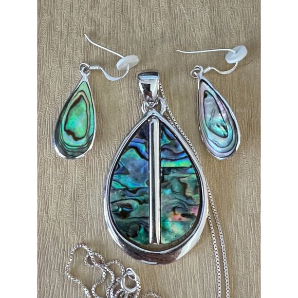 Abalone Pendant Necklace & Matching Earrings Set Sterling Silver Jewelry Elegant - Picture 3 of 6